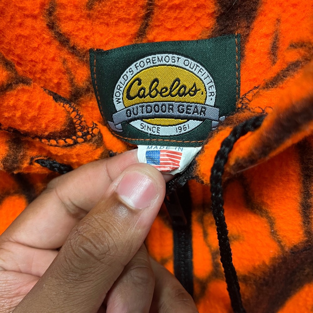 Cabelas Blaze Orange Camo Fleece Hoodie Mens Large Made in USA Full Zip Hunting - Picture 4 of 7